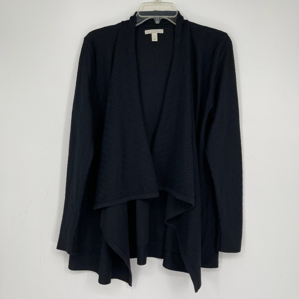 Dana Buchman Women's Black Ribbed Knit Open Front Draped Cardigan Sweater Size L